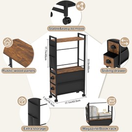 Small Narrow Side Tables for Small Spaces, Oppro Narrow Skinny Bedside Table Nightstand with Drawers&Wheels, Slim Table Stand Magazine Rack with Storage Bag for Sofa Living Room Couch Bedroom (Rustic)
