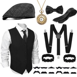 JRYBXS 20 Piece 20s Costume Men, Mafia Carnival Costume Men, 20s Accessories, Fancy Dress Costumes Men, Braces Men's Costume Set, Role Play Props Decoration, black
