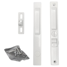 Sliding Glass Patio Door Lock Handle Set, Non-Keyed, Flush Mount, with Nite Lock,C Cam, and Keeper, White, 6-9/16" Screw Hole | Sliding Door Handle Replacement Hardware Repairs (DL-504) (White)