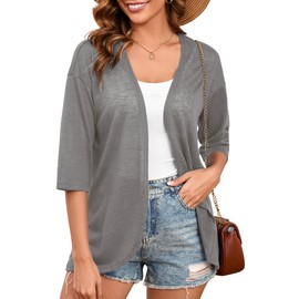 Heymoments Women's Lightweight Cardigan Open Front 3/4 Sleeve Soft Draped Summer Casual Cover Up Kimonos Tops Grey Medium Cardigans