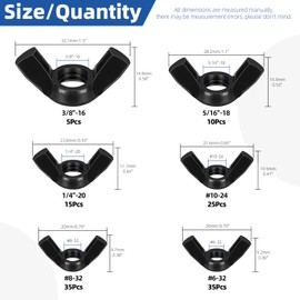 Glarks 125Pcs 6 Sizes Black Wing Nuts Assortment Kit, 3/8’’-16, 5/16’’-18, 1/4’’-20, #10-24, #8-32, #6-32 High Strength Carbon Steel Butterfly Nuts, Wing Bolt Fasteners