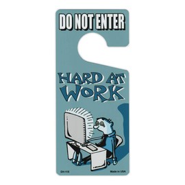 Crazy Novelty Guy Door Knob Hanger, Metal, Do Not Enter, Hard at Work, Blue, 4" x 9" Premium Quality Aluminum Door Hanger
