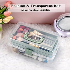 BTSKY 3-Layer Clear Plastic Dividing Storage Box Craft Organizer and Storage with Adjustable Spacers Portable Handled Art Supply Organizer Multipurpose Home Utility Box Sewing Organizers (Haze Green)