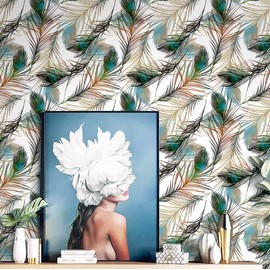 YIFU LIFE F16893 Matte Feather Peel and Stick Wallpaper Rolls,17.7" x 9.8ft Green/Brown/White Removable Vinyl Self Adhesive Contact Paper Furniture Decor Stickers for Home Use