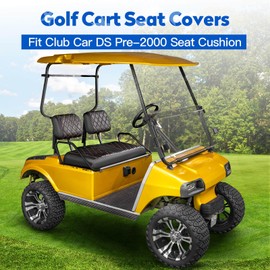 NOKINS Golf Cart Diamond Seat Covers Kit, Fit for Club Car DS Pre-2000 OEM Standard Front Seat Cushion, Golf Cart Vinyl Seat Cover, No Nails Required (Black&Brown Stitching)