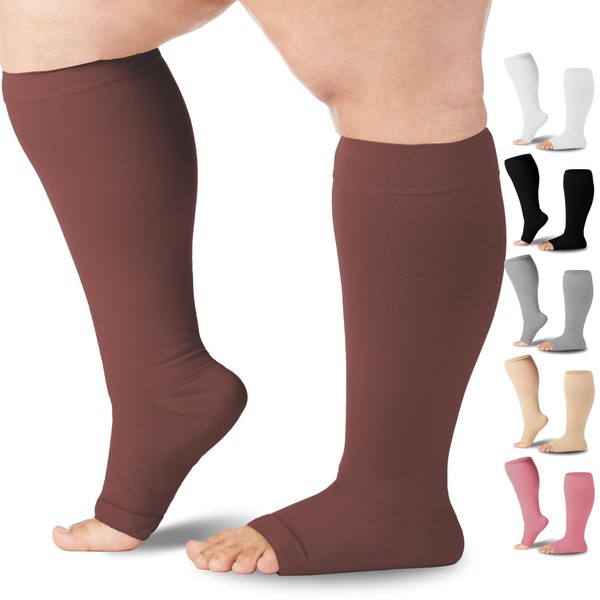 Mojo Compression Socks - Brown Knee-High 20-30mmHg 3XL Support Stockings for Spider Veins, Venous Insufficiency, and Swelling - Made in USA for Wide Calves with Open Toe (A211BR6) - 1 Pair
