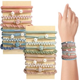 Pack of 20 Boho Hair Ties, Boho Hair Bobbles for Women and Girls Stretch Ponytail Holders with Pearl Elastic Hair Ties Bracelets for Thin Hair/Thick/Medium/Long Hair
