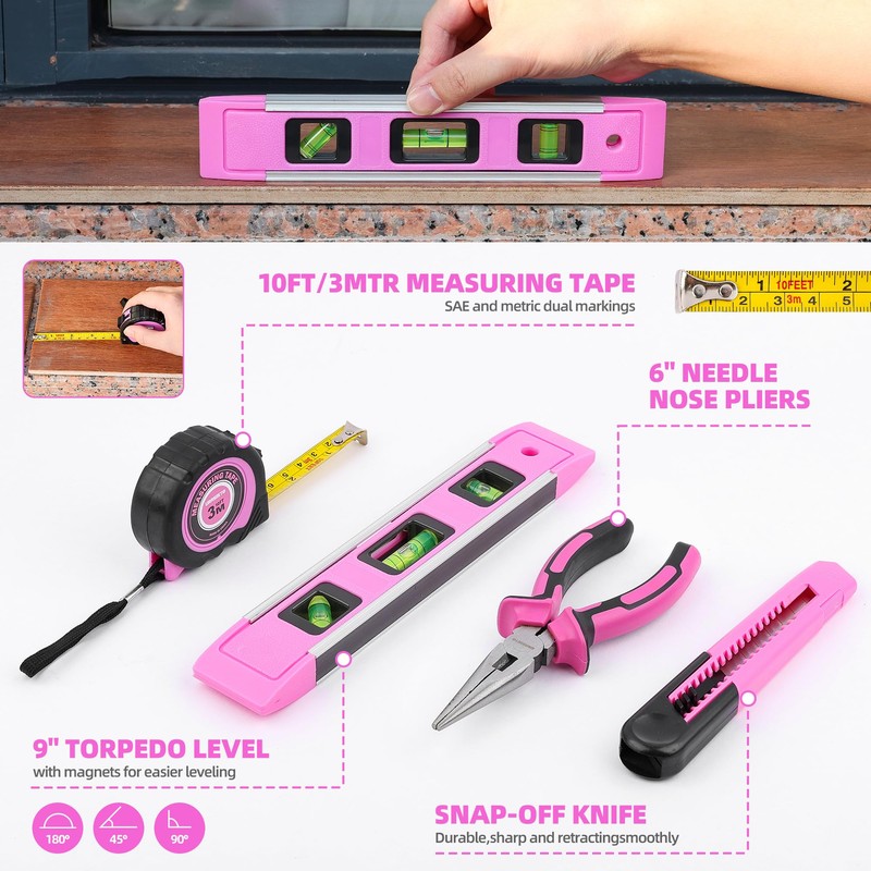 URASISTO 123 Piece Pink Household Tool Set with 3.6V USB