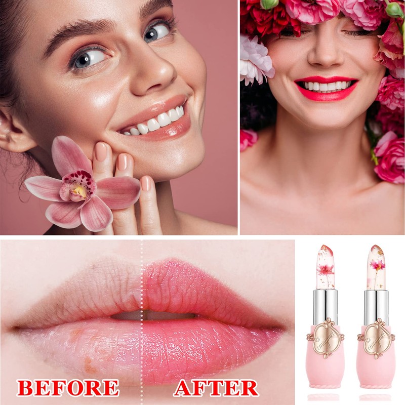 LZYLLS 2 Pack Crystal Jelly Flower Lipstick,Magic Temperature Color Change
