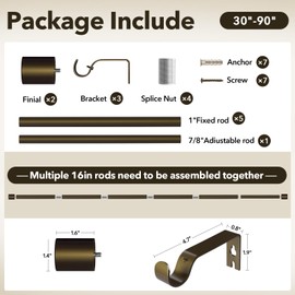 IFELS Heavy Duty Curtain Rods for Windows 48 to 84 Inch, 1 Inch Bronze Curtain Rods for Outdoor, Farmhouse, Bedroom, Kitchen, Living Room, Adjustable Easy Install Curtain Rods (A2,Bronze,30"-90")