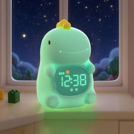 Kids Sleep Training Alarm Clock with Night Light - OK to Wake Clock & Sound Machine, Rechargeable Silicone Animal Lamp for Boys Girls Bedroom (Dinosaurs)