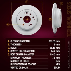 Metrix Premium Chassis Parts - 11.09 inch (281.65mm) 2 PC Rear Coated Solid Disc Brake Rotor Fits 1999-2003 Acura TL, Replacement 08.8868.11, Made in Europe