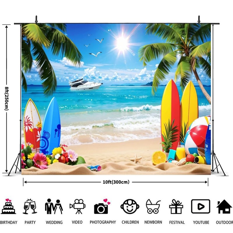 Summer Hawaiian Beach Backdrop 10x8ft Sea Ocean Seaside Surfboard Palm