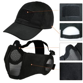 Yzpacc Airsoft Half Face Mask and Hat Set, Steel Mesh Mask with Hearing Protection and Baseball Cap, Tactical Protective Mask for CS Game, BB Gun, Paintball, Hunting, Shooting