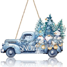 FairySandy Winter Door Decor Let It Snow Truck Sign Winter Wooden Wreath Truck Gnome Pine Tree Snowman Wall Hanging Plaque for Winter Front Porch Yard Indoor Outdoor Home Decorations