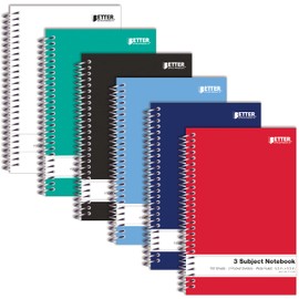 Better Office Products 3 Subject Spiral Notebooks, 9.5 x 5.5 inch, 6 Pack, 150 Sheet Notebook with 2 Double-Sided Pocket Dividers, Assorted Solid Color Covers (Wide Ruled)