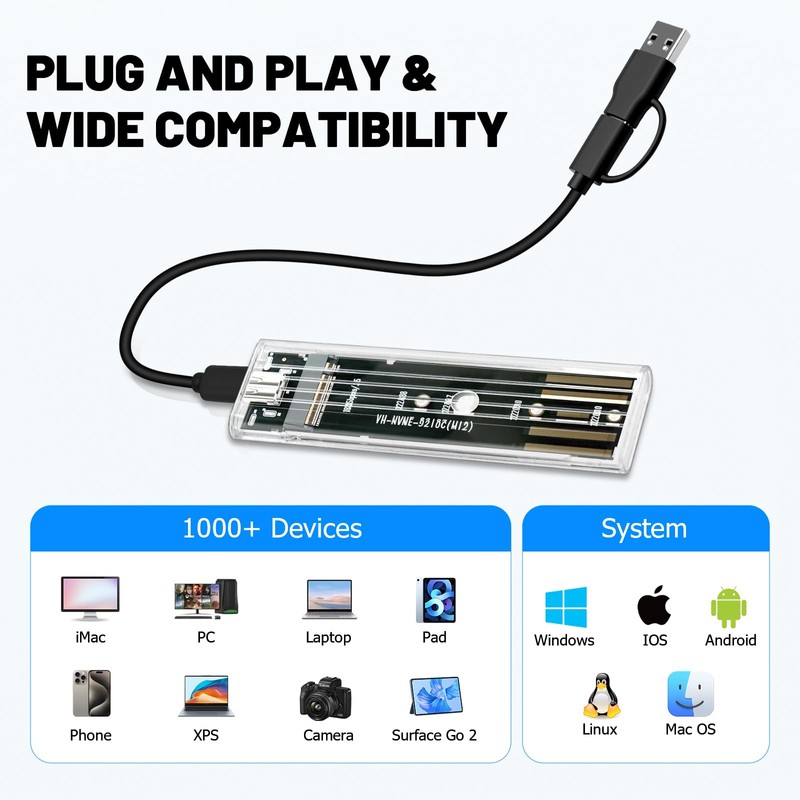 M.2 NVMe SSD Enclosure USB-C 10Gbps, USB 3.1 Gen2 Adapter
