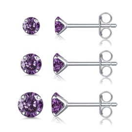 Silver Stud Earrings for Women - S925 Sterling Silver Cubic Zirconia Stud Earrings Set | Hypoallergenic Earring February Birthstone Amethyst Wedding Birthday Chritsmas Jewellery Gift Size: 3mm/4mm/5mm