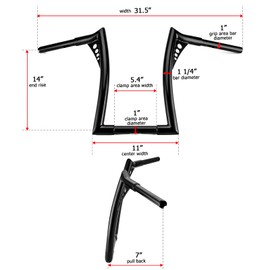 Mofun 14" Rise Ape Hangers Handlebar, 1-1/4" Bar Diameter, 1" Clamp Area Diameter Compatible with Harley Sportster XL 883 1200 Softail Dyna, Road King 1994-2022, Road Glide 1998-2013, Gloss Black