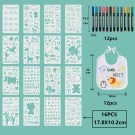 FloraVigo Pack of 12 Baby Bibs for Bem with 16 Drawing Templates, 12 Textile Pens, Baby Shower Decoration Game, Waterproof Bibs for Babies, Boys and Girls, Baby Shower, Animal Painting Templates
