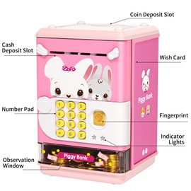 Piggy Bank Toy Electronic Mini ATM Savings Machine with Personal Password & Fingerprint Unlocking Simulation - Music Box with Songs for Kids, Boys and Girls Age 3-8 Years (Pink)