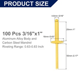 sourcing map 100Pcs 3/16"x1" Aluminum Blind Rivets, Aluminum Grip and Steel Mandrel, Large Flange Fastener Rivets for Metal, Furniture, Automotive, Yellow