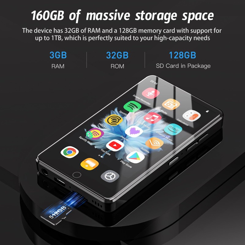 160GB Android 13 MP3 Player with Bluetooth and WiFi, 4.02"
