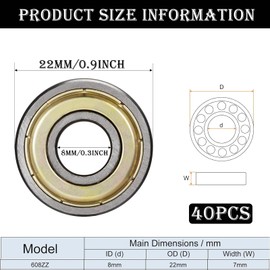 Pack of 40 608 ZZ Ball Bearings, Ball Bearings 608, Ball Bearings, 8 mm x 22 mm x 7 mm Metal Double Shielded Miniature Deep Groove Ball Bearings for Skateboard Roller Inline Skates