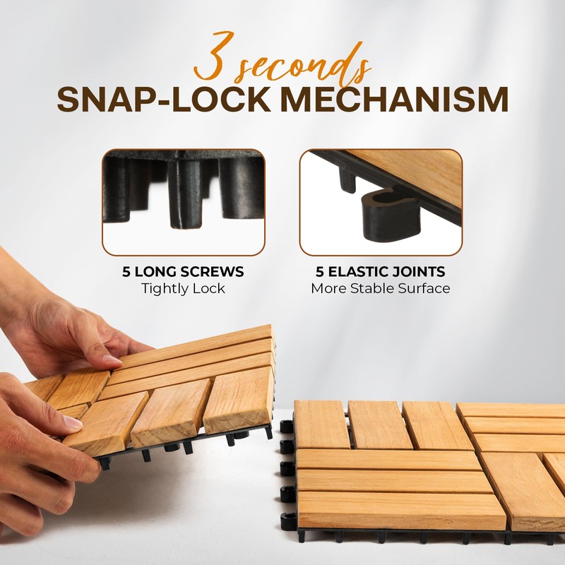 Idzo Set of 10 Premium Teak Deck Tiles, Snap-Lock Teak