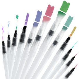 Junreox 12Pcs Watercolor Brush Pens, Premium Leakproof Water Brush Pen with 6 Assorted Tips for Aquarelle, Gouache, Acrylics, Refillable Paint Pens, Arts Value Set