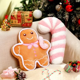 Yalikop 2 Pcs Christmas Gingerbread Man Pillow Candy Cane Pillow Christmas Plush Throw Pillow Christmas Decorations Couch Sofa Decor Plush Stuffed Pillow for Home Winter Holiday Party Decoration