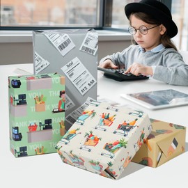 Cashier Wrapping Paper 12 Sheets Grocery Store Theme Gift Wrap with Shopping Cart Barcode & Checkout Designs Packing Paper for Retail Workers,Supermarket Employees,20"×28"