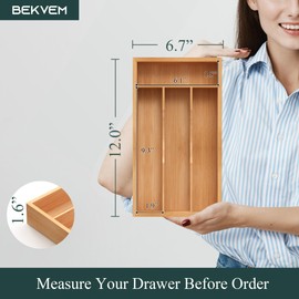BEKVEM Small Silverware Organizer, Bamboo Kitchen Drawer Organizer, Utensil Holder, Cutlery Tray & Spoon Flatware Storage with Grooved Drawer Dividers (6.7''W x 12''D)