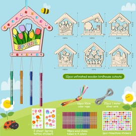 12PCS Birdhouse Wind Chime Kit for Kids Make Your Own Hollow Out Bird House Wind Chime DIY Coloring Wood Crafts Spring Wooden Arts and Crafts for Boys Girls School Activities Party Decoration