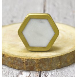 ARTISNO Hexa Marble Brass Knob, Modern Cabinet Knob, Decorative Hardware, Furniture Hardware, Cabinet Handles, Dresser Pull (Hexa White Gold), Set-6