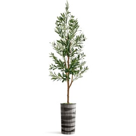 Artificial Tree in Black and White Vertical Stripe Planter, Fake Olive Silk Tree for Indoor and Outdoor Home Decoration - 68" Overall Tall (Plant Pot Plus Tree)
