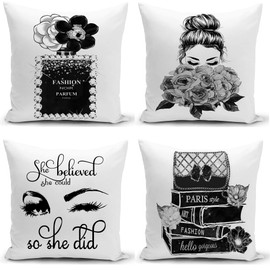 HSINYA Set of 4 18x18 Couch Bed Decorative Pillow Covers Black White Throw Pillow Covers Fashion Girls Bling Perfume Eyelashes High Heels Sayings Gray Flowers Cute Accent Pillow Covers (Black White)