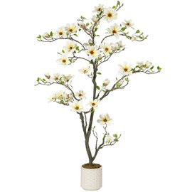 6FT Faux Magnolia Plants Artificial Flower Trees Fake Plants For Yard Patio Home Office Arrangement Decor Indoor Outdoor Artificial Magnolia Tree Inc. 180 Realisc Flowers Vivid Leaves Mosses White Pot