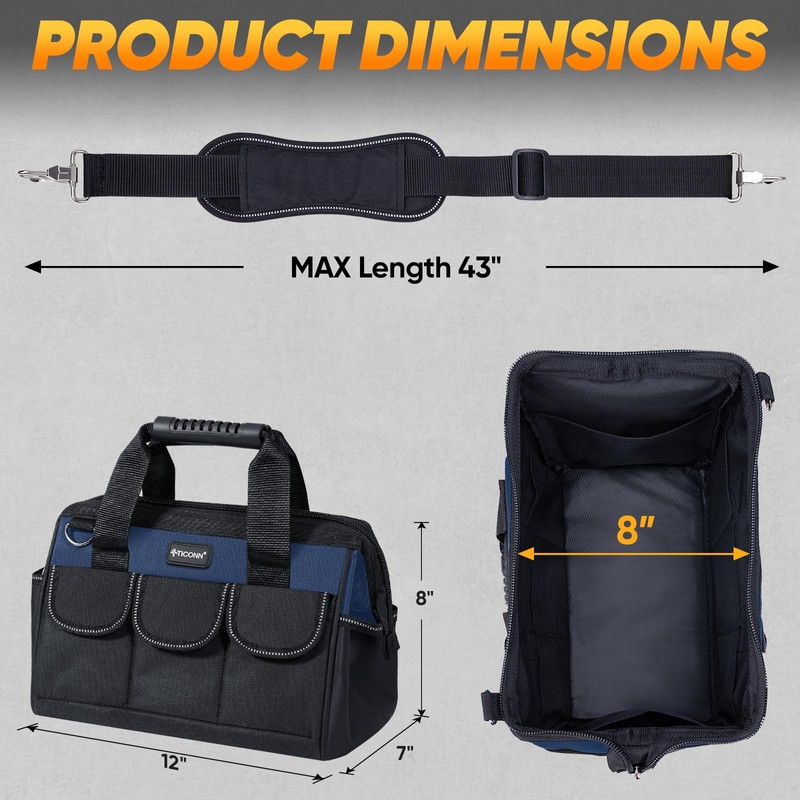 TICONN Heavy Duty Tool Bag with Multi-Pockets, Portable Tool Box