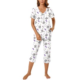 Bestbee Womens Pajama Set 2 Piece Lounge Outfits Summer Sleepwear V Neck Short Sleeve 3/4 Pant With Pockets Ladies Pjs, M, Small Bear-white