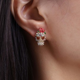 TseenYi Punk Crystal Skull Earrings Colourful Rhinestone Skull Rose Earrings Gold CZ Skeleton Bone Earrings Goth Skull Stud Earrings Hip Hop Personality Earrings Jewellery for Women and Girls, Crystal