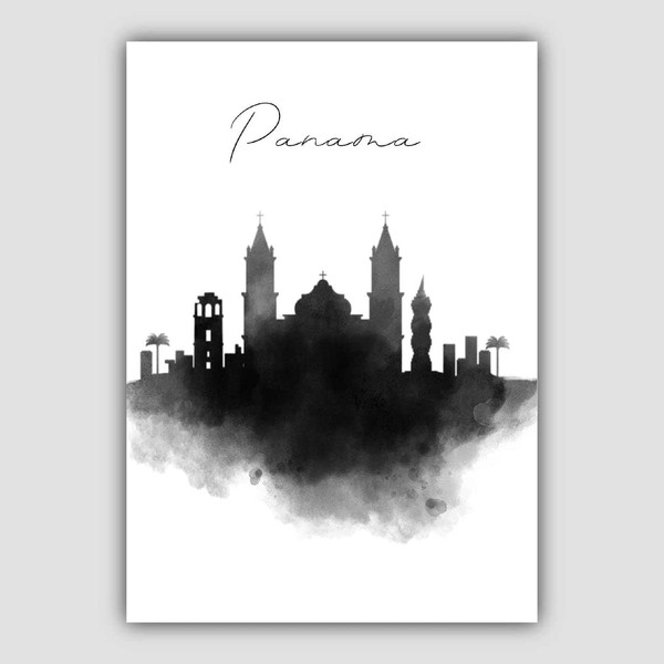 Artze Wall Art Panama Watercolour Skyline Cityscape Print, 30 cm Width x 40 cm Height, Black/Grey/White