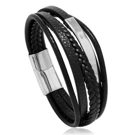 BCHKO Gift for Men Bracelet Learner Bracelet Leather Bangle Braided Genuine Leather Wide Wrap Bracelet with Magnetic Clasp (Black), Cowhide leather, stainless steel