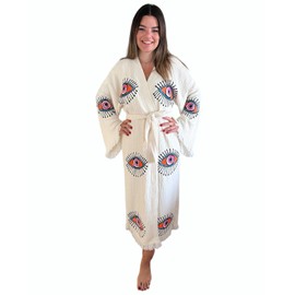 Handmade Evil Eye Kimono - Women Beach Cover Up - Festival Bohemian Robe - Boho Cotton Cardigan - Dressing Gown (Pink Eyes)