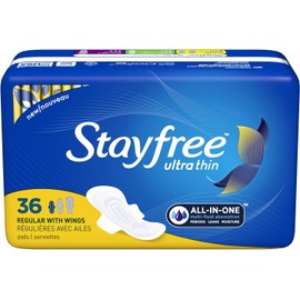 Stayfree Almohadillas regulares ultra finas con alas para mujeres, protección fiable y absorción de humedad femenina, fugas y períodos, 36 unidades