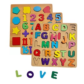 2PCS Wooden Alphabet Number Shape Puzzles for Toddlers, Educational Learning Puzzles Game (Number & Shape)