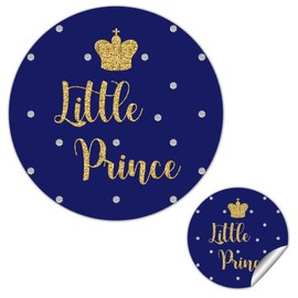 50 Royal Blue Little Prince Crown Stickers, Gold Glitter Boy Baby Shower or Birthday Party Circle Sticker Labels, 2 Inch Round Little Princess Thank You Stickers.