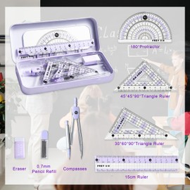 2 Pack Geometry Set, 8 Pcs Protractor Math Set for Students, Compass Set Math Tool Includes Compasses Protractor Ruler Eraser Lead Refills Metal Box for School Drawing Supplies