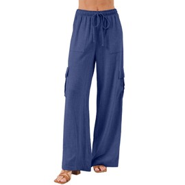 Beautiful Nomad Women's Linen Cargo Pants Casual High Waisted Wide Leg Pant Baggy Trousers with Pockets Blue