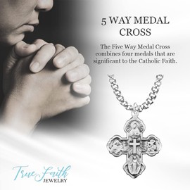 True Faith Jewelry Sterling Silver 5 Way Medal Cross Medal Pendant Necklace Religious Jewelry, 7/8 Inch